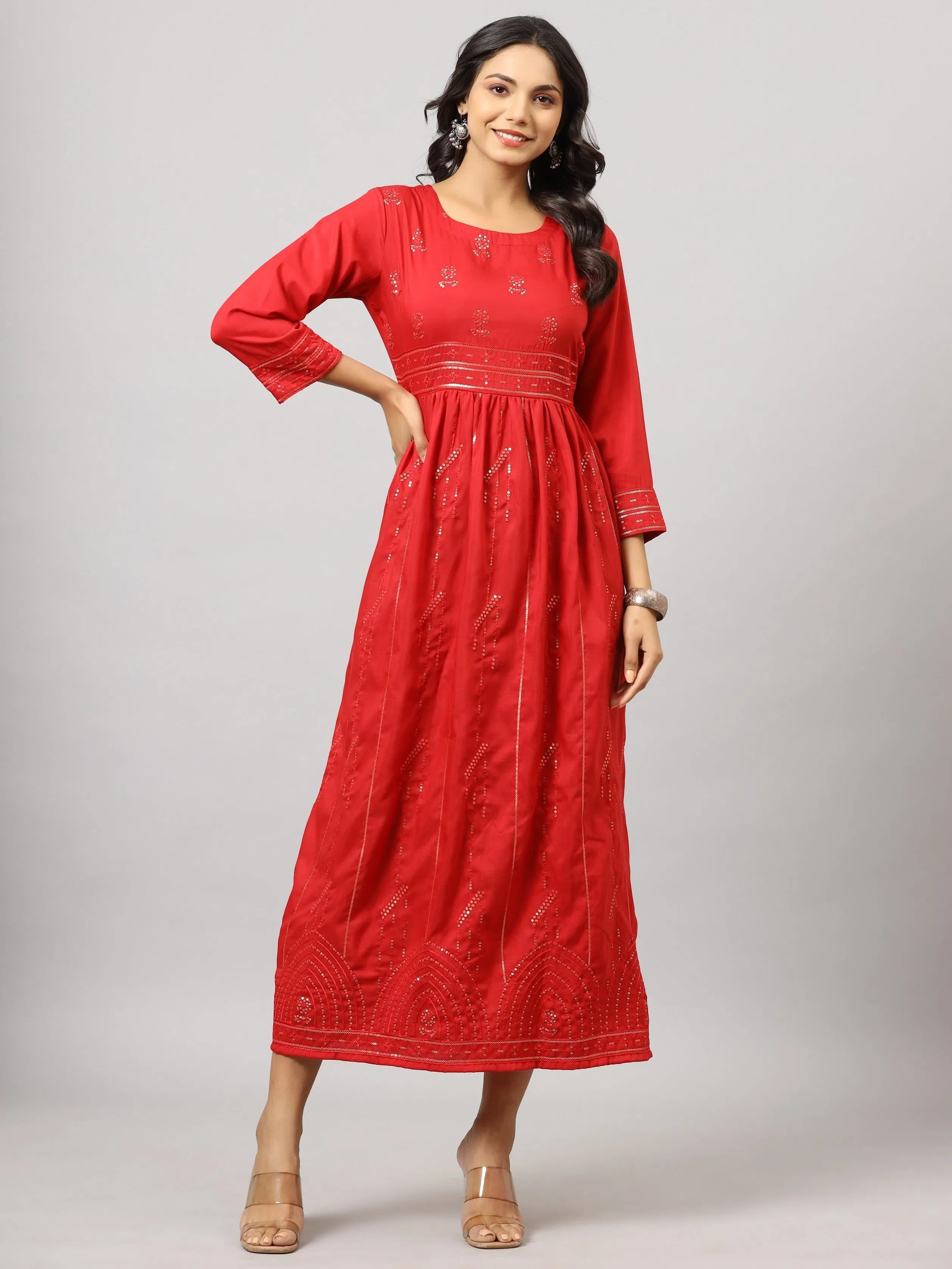 festive dresses online Cbazaar Women's Maxi Dress | Maroon Art Silk Foil Printed Maxi Dress | Maroon | Chic Style | Diwali | Classic Neck Style