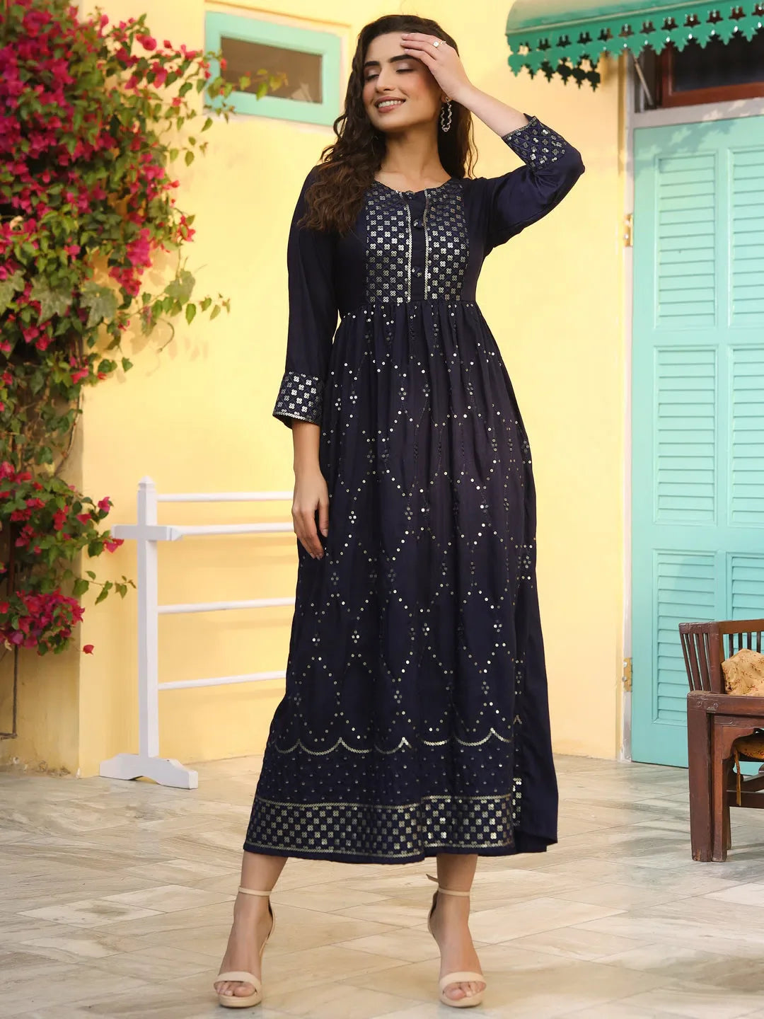Navy Embroidered Flared Dress - Women's Western Wear Navy Embroidered Flared Dress - Women's Western Wear