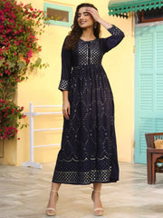 Women's Navy Festive Embroidered Flared Dress