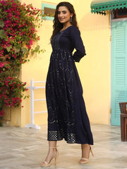 Women's Navy Festive Embroidered Flared Dress