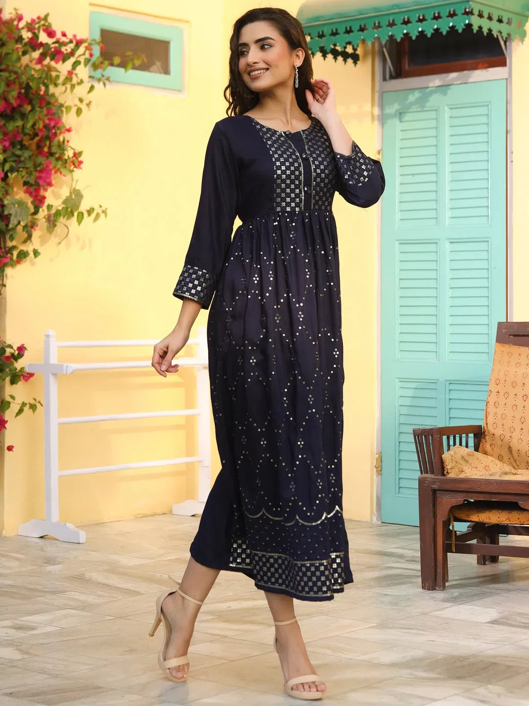 Navy Embroidered Flared Dress - Women's Western Wear