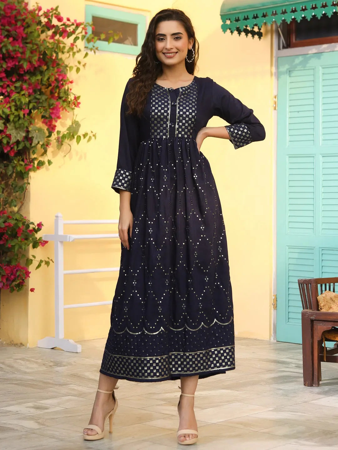 Navy Embroidered Flared Dress - Women's Western Wear