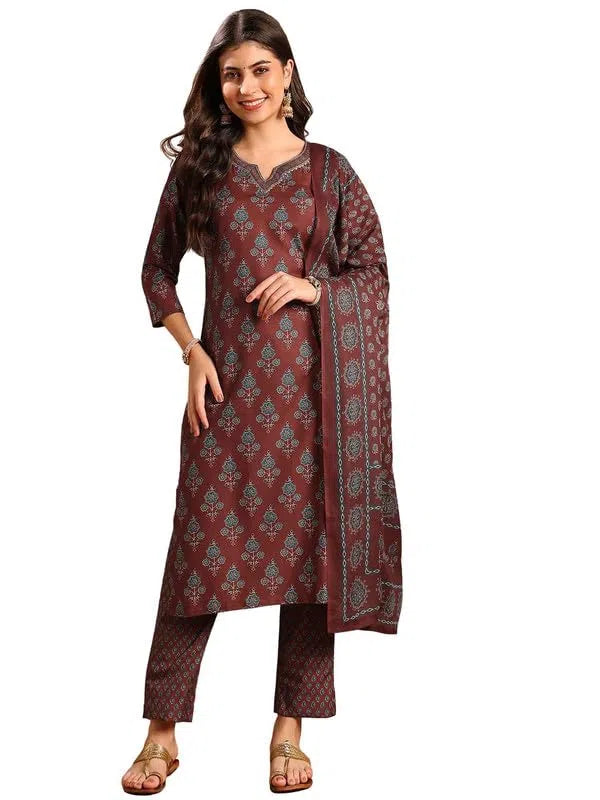 Women Brown Rayon Blend Floral Printed Straight Kurta Trousers With Dupatta-VKSKD2250