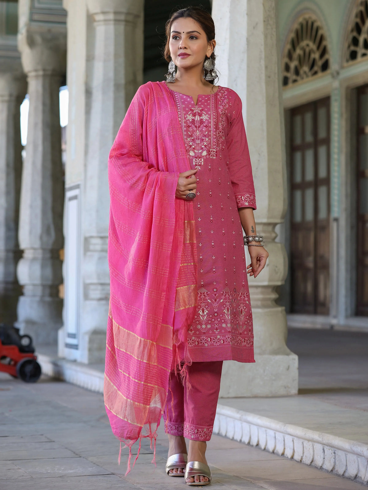 Women Pink Cotton Printed Kurta Set