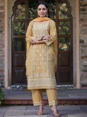 Women Mustard Cotton Printed Kurta Set