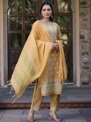 Women Mustard Cotton Printed Kurta Set