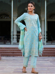 Women Mint Cotton Printed Kurta Set