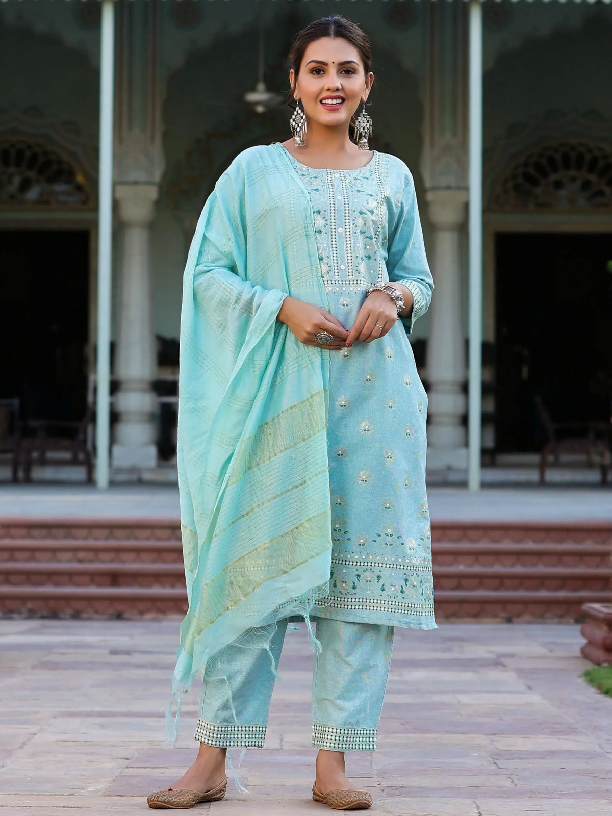 Women Mint Cotton Printed Kurta Set