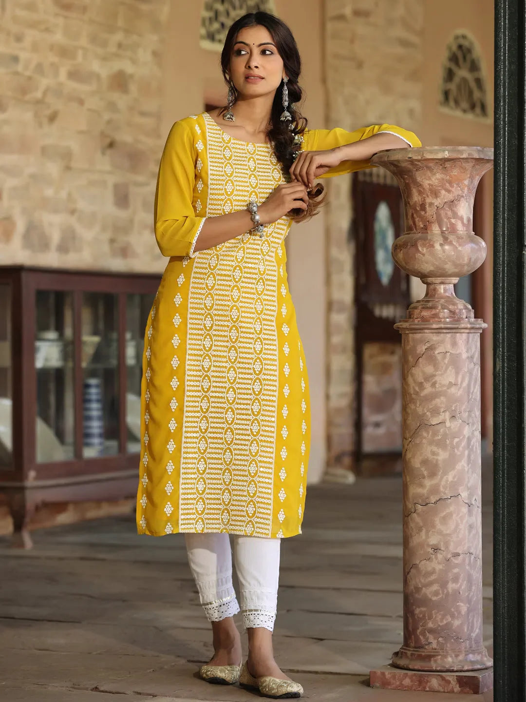 Yellow Printed Georgette Kurta - Women's Indian Kurtas Online