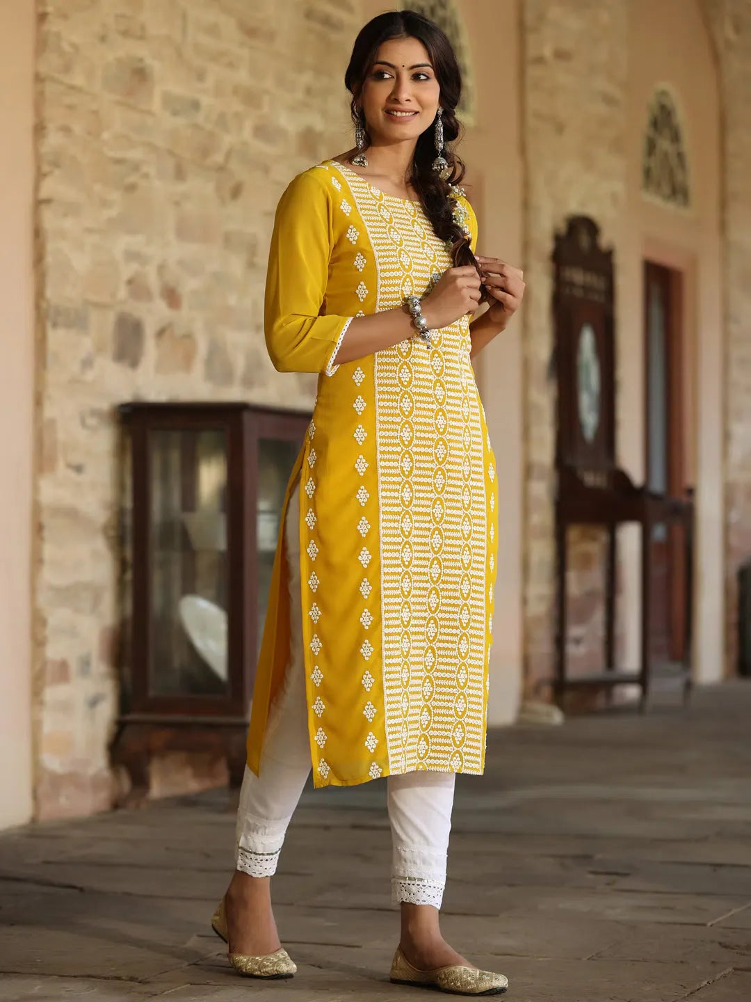 Yellow Printed Georgette Kurta - Women's Indian Kurtas Online