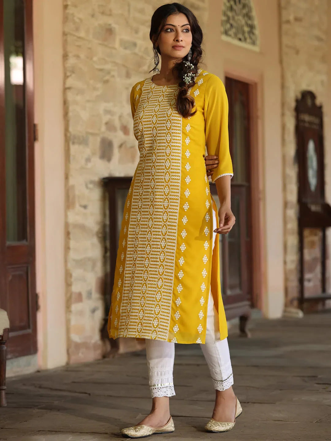 Yellow Printed Georgette Kurta - Women's Indian Kurtas Online