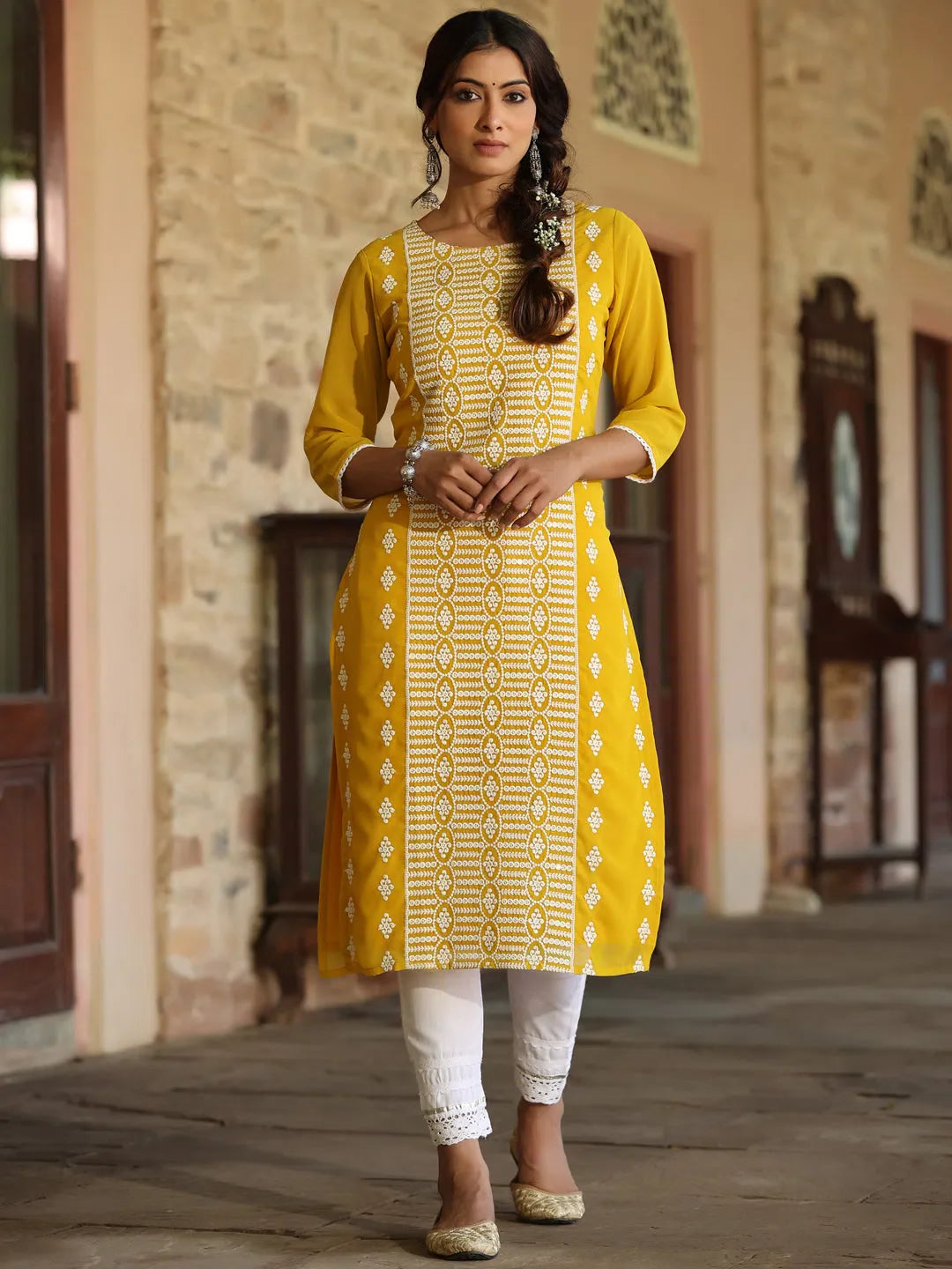 Women Yellow Georgette Printed Kurta