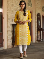 Women Yellow Georgette Printed Kurta