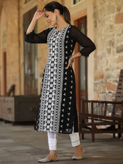 Women Black Georgette Printed Kurta