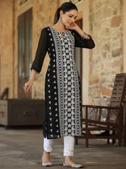 Women Black Georgette Printed Kurta