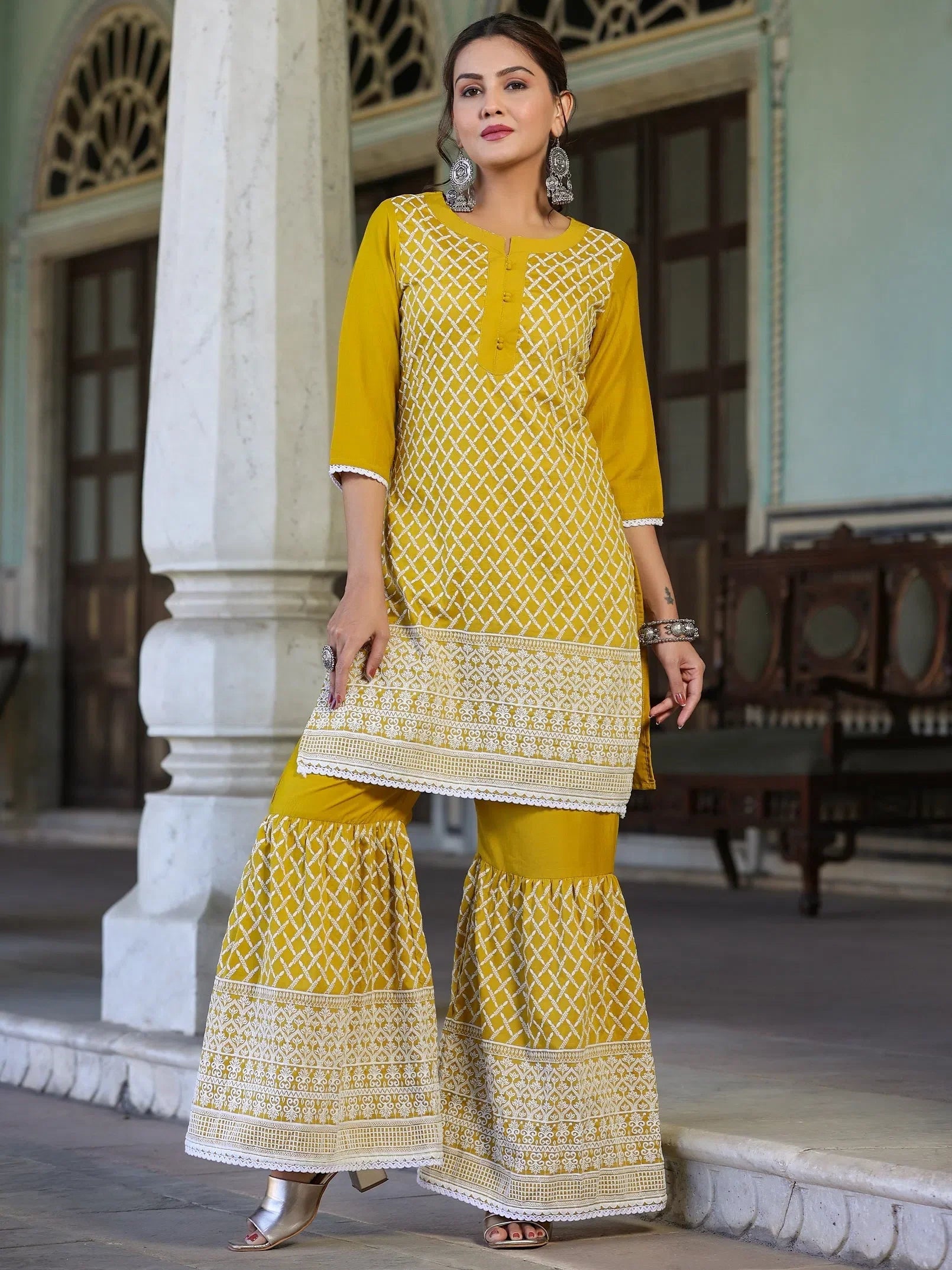 Mustard Embroidered Kurta Garara Set - Women's Kurta Sets