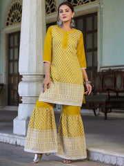Womens Mustard Chinnon embroidered kurta garara set