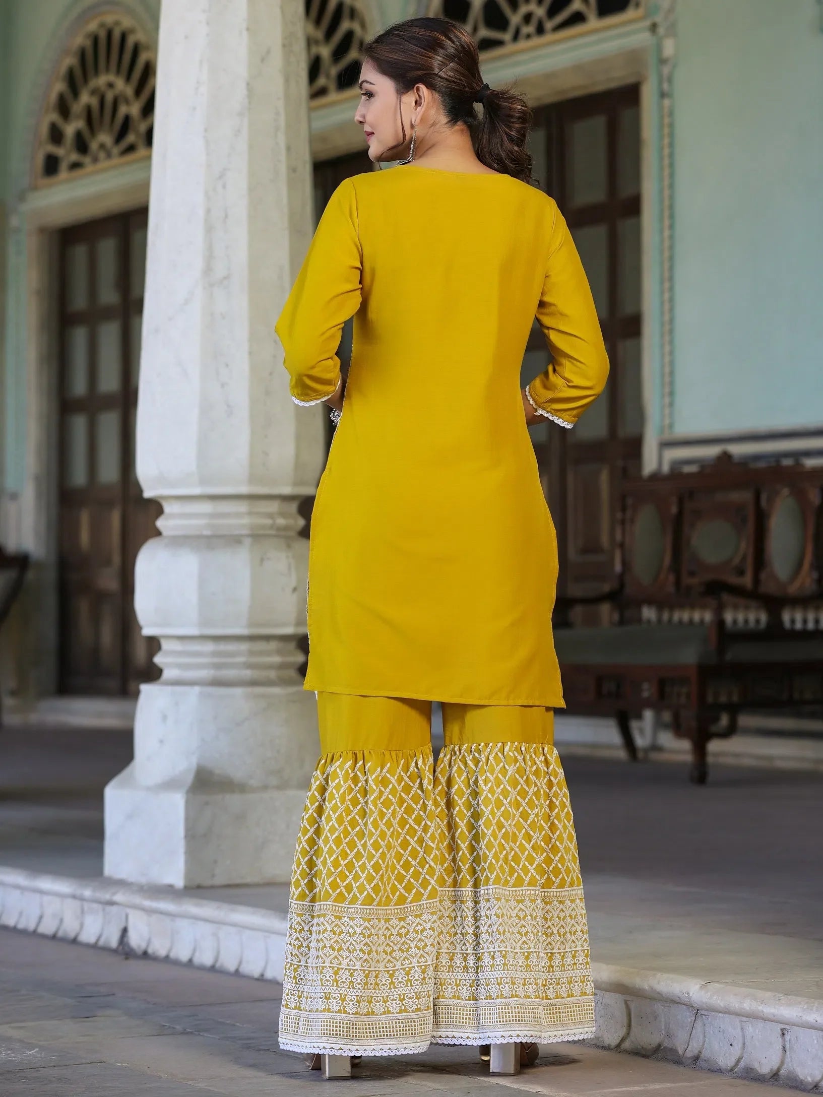 Mustard Embroidered Kurta Garara Set - Women's Kurta Sets