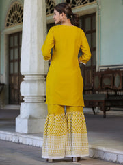 Womens Mustard Chinnon embroidered kurta garara set