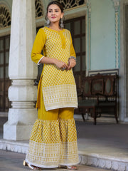 Womens Mustard Chinnon embroidered kurta garara set