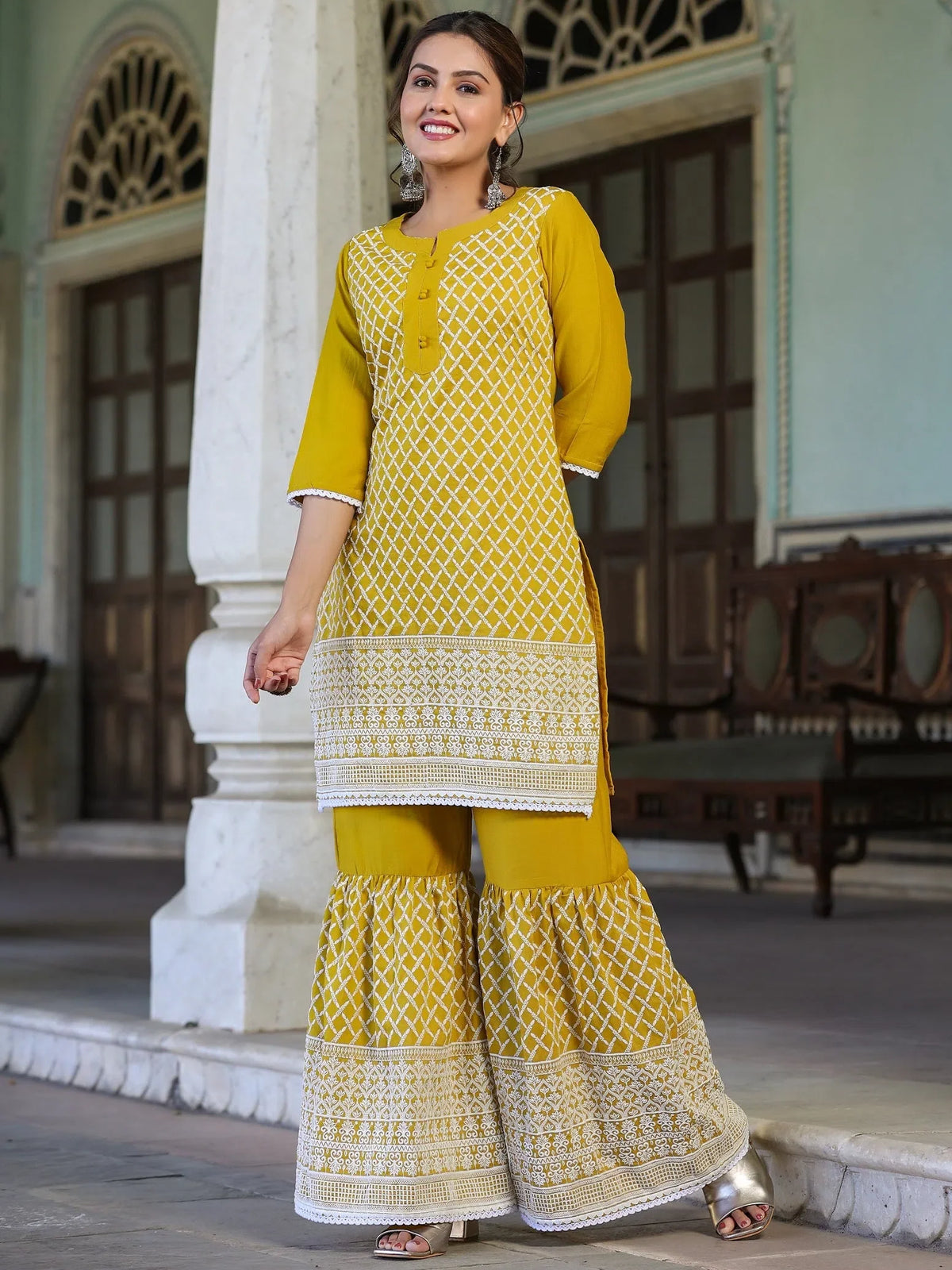 Womens Mustard Chinnon embroidered kurta garara set