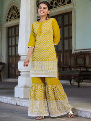 Womens Mustard Chinnon embroidered kurta garara set