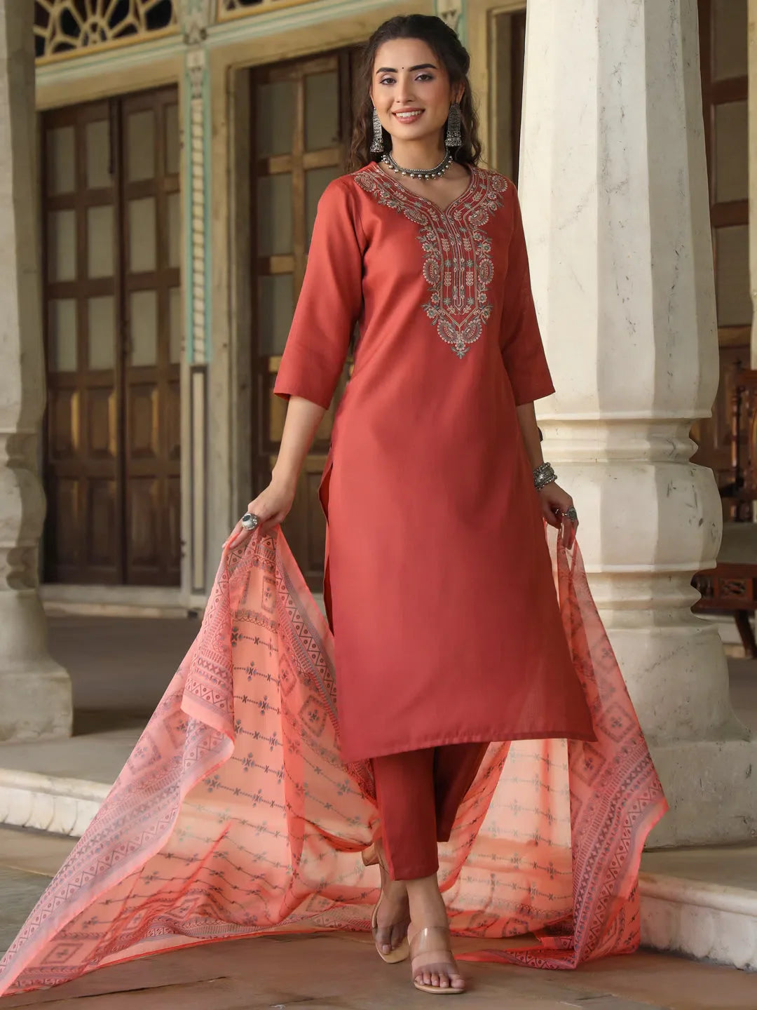 Rust Silk Embroidered Kurta Set | Women's Indian Kurta