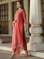 Women Rust Silk Solid Embroidered Kurta Set