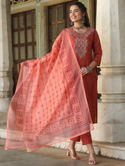 Women Rust Silk Solid Embroidered Kurta Set