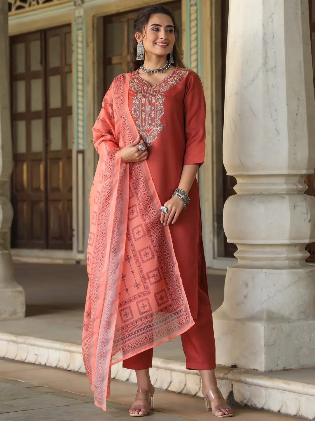 Women Rust Silk Solid Embroidered Kurta Set