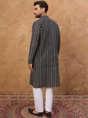 Ethnic Bay Men Black Silk Blend Geometric Printed Straight Kurta With Pant Set-MKSET1523
