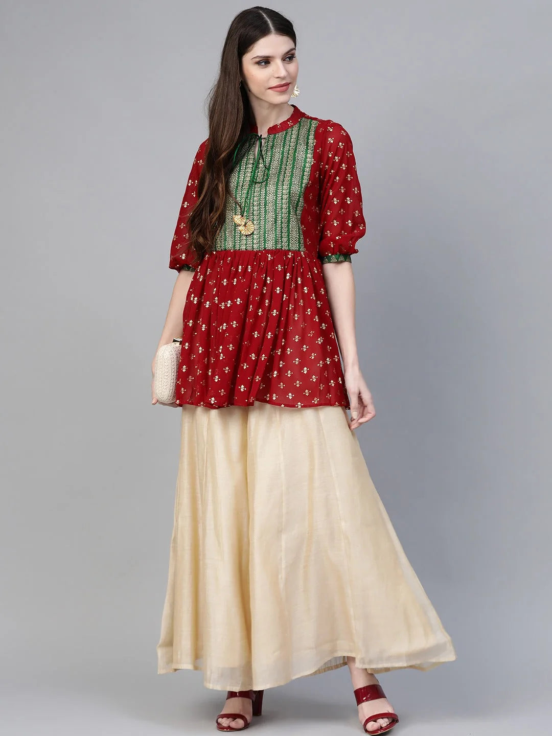 Maroon & Green Printed A-Line Tunic Top | Indian Kurtis