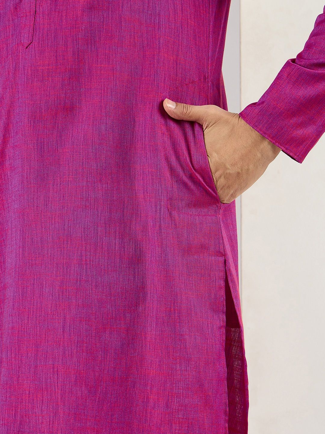 Ethnic Bay Men Pink Cotton Solid Woven Design Straight Kurta With Pant Set-MKSET1100