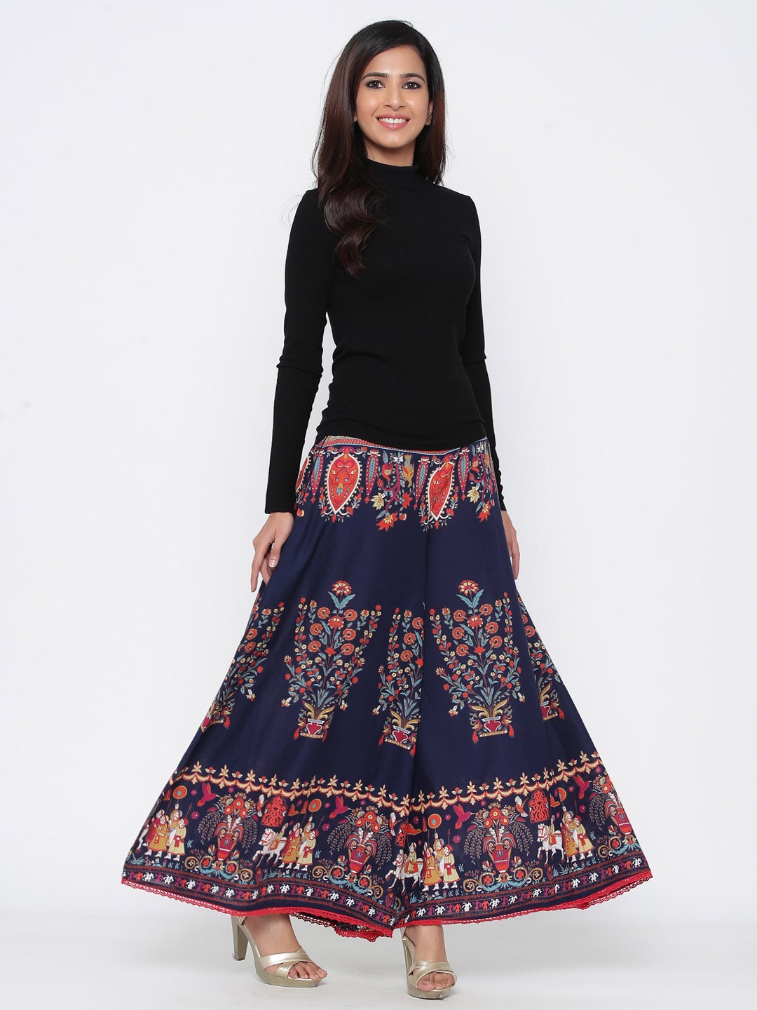 Indigo Ethnic Motif Printed Flared Cotton Women Palazzo With One Pocke