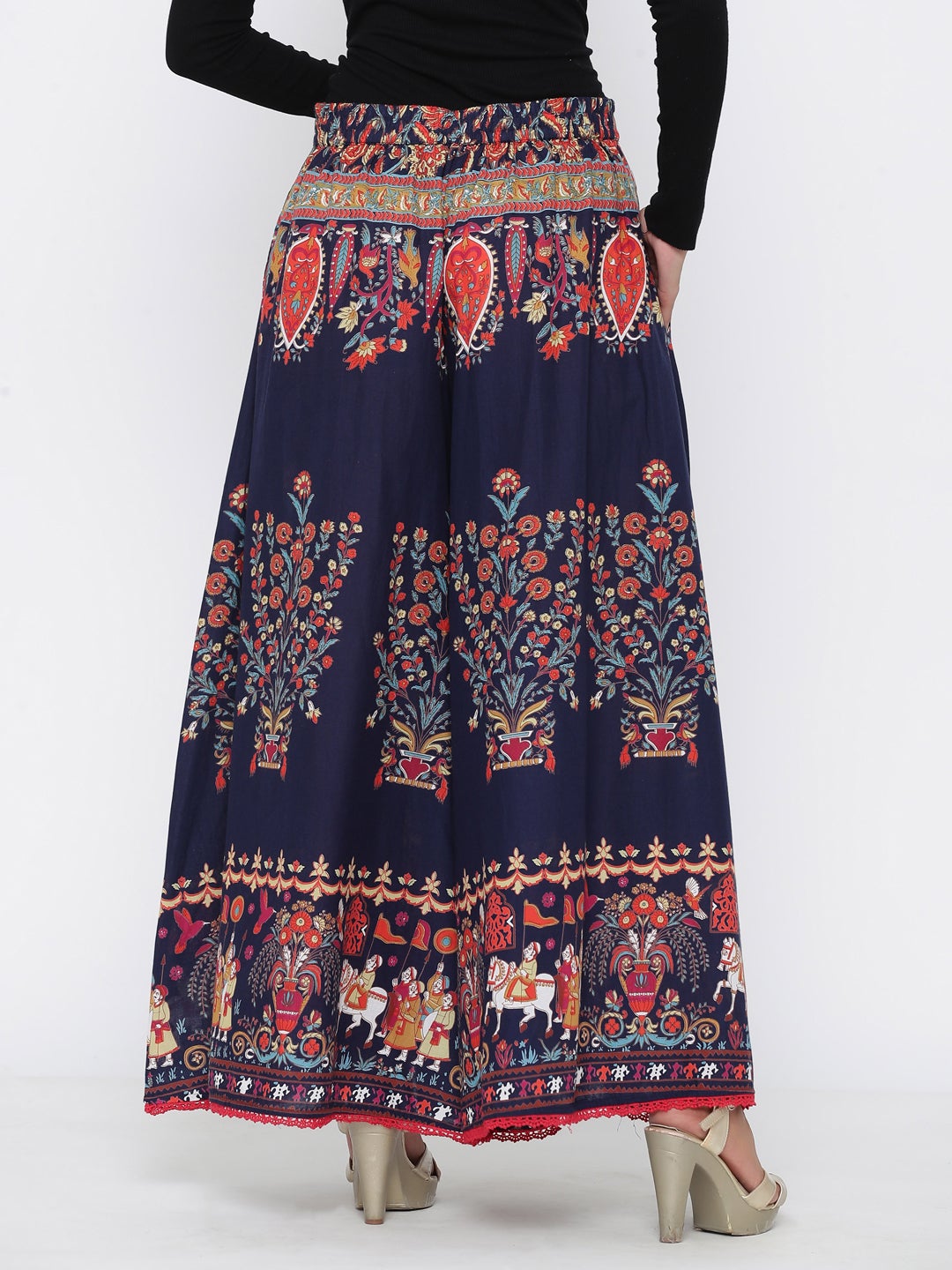 Indigo Ethnic Motif Printed Flared Cotton Women Palazzo With One Pocke
