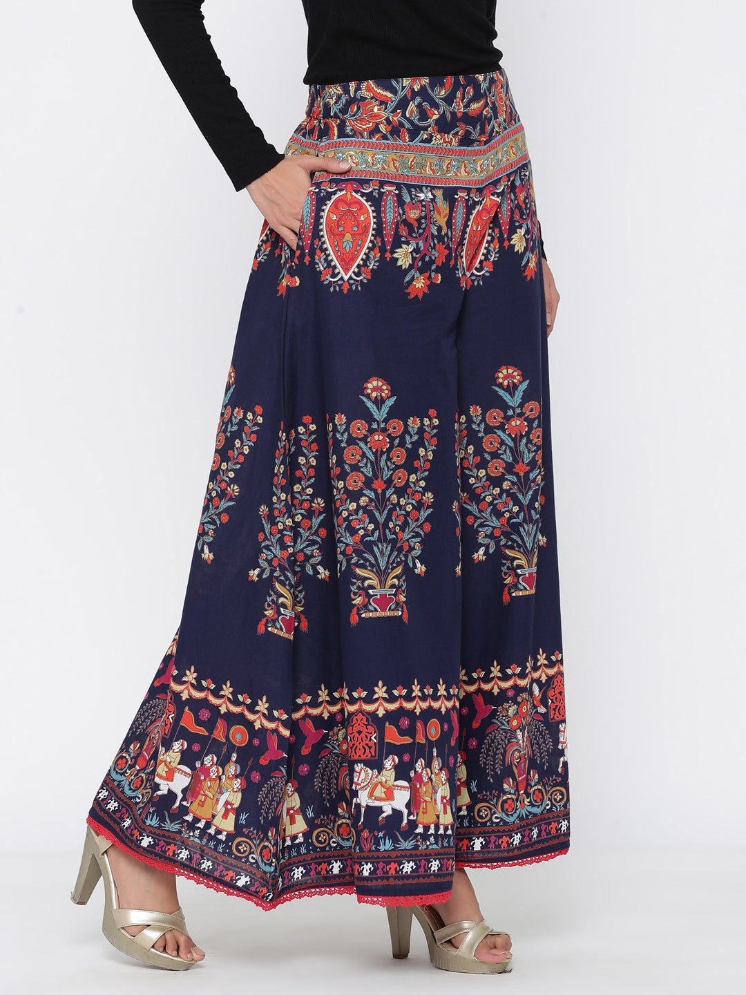Indigo Ethnic Motif Printed Flared Cotton Women Palazzo With One Pocke