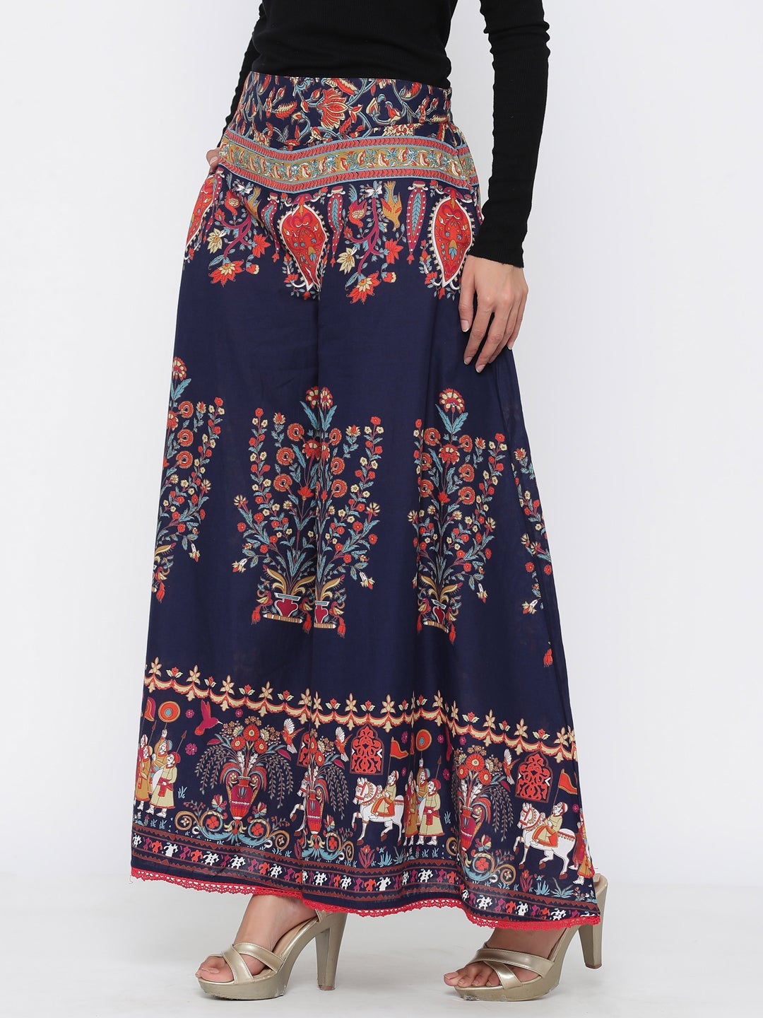 Indigo Ethnic Motif Printed Flared Cotton Women Palazzo With One Pocke
