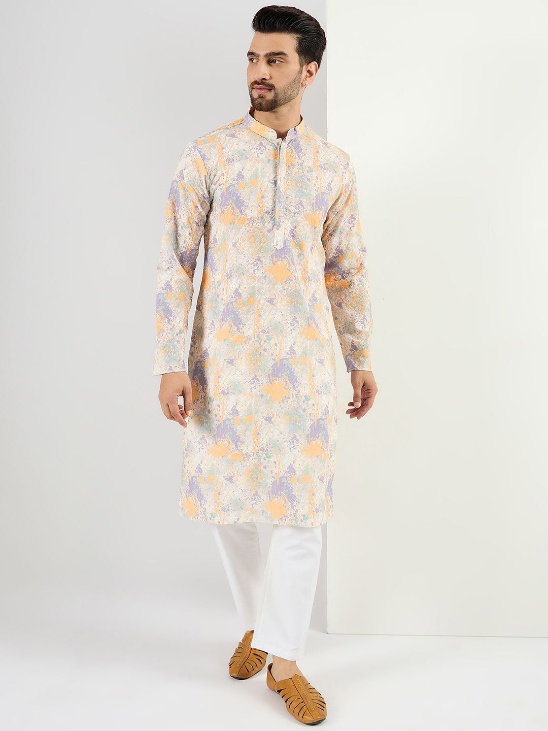 Ethnic Bay Men Off White Viscose Rayon Abstract Embroidered Straight Kurta With Pant Set-MKSET1063