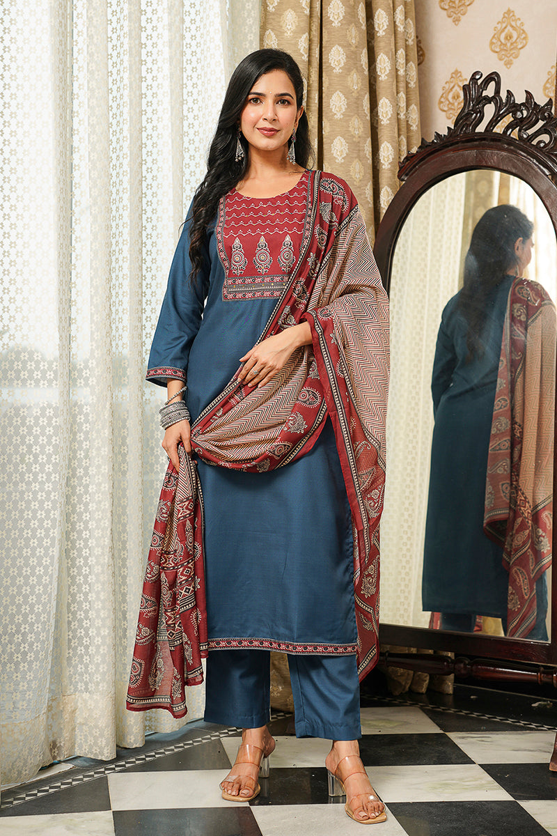Blue Rayon Blend Ajrakh Printed Straight Kurta Trousers With Dupatta PKSKD3089