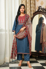 Blue Cotton Blend Ajrakh Printed Straight Kurta Trousers With Dupatta PKSKD3089
