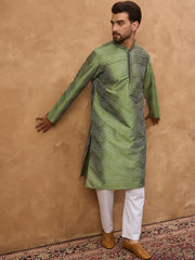 Ethnic Bay Men Green Silk Blend Geometric Printed Straight Kurta With Pant Set-MKSET1522