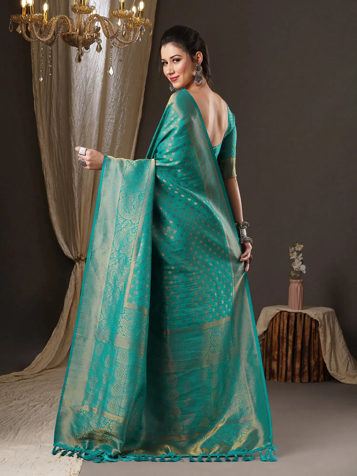 Women's Georgette Teal Blue Woven Design Woven Saree With Blouse Piece-5ALEKHA5002
