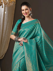 Women's Georgette Teal Blue Woven Design Woven Saree With Blouse Piece-5ALEKHA5002