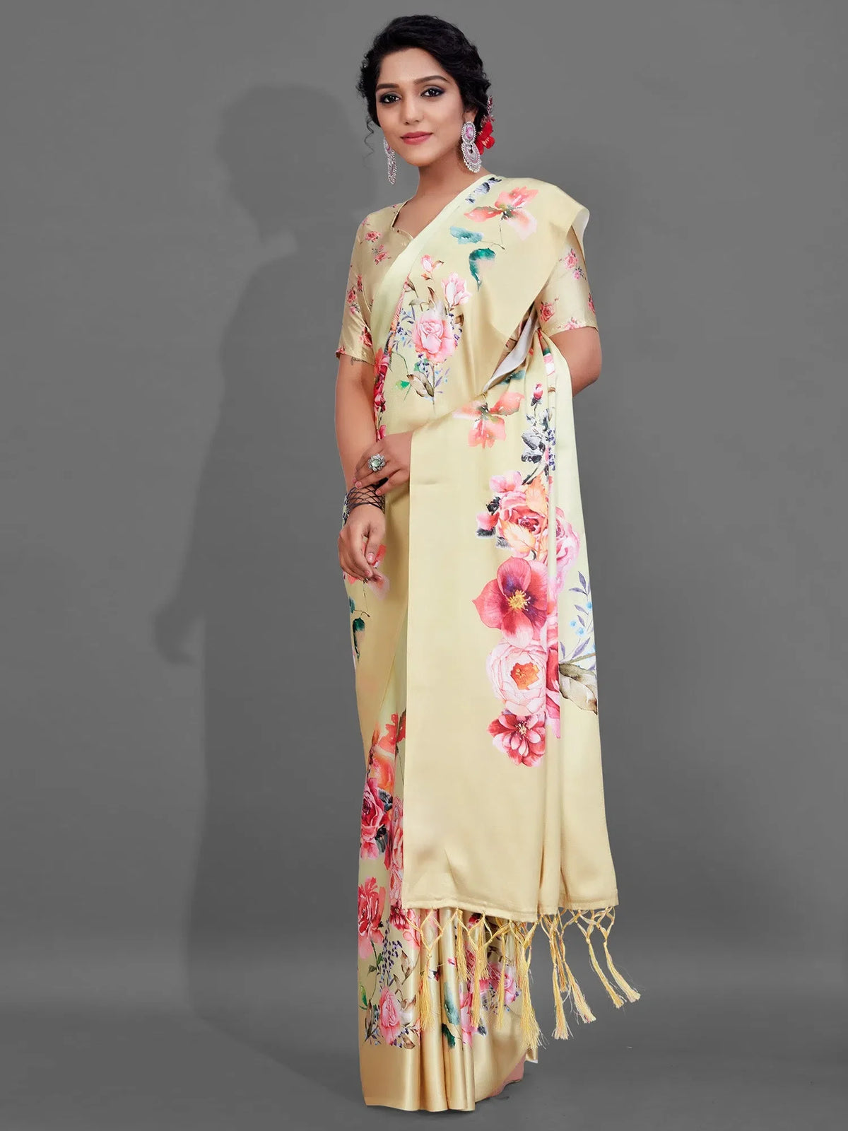 Women's Crepe Yellow Digital Print Designer Saree With Blouse Piece-5FLWR509