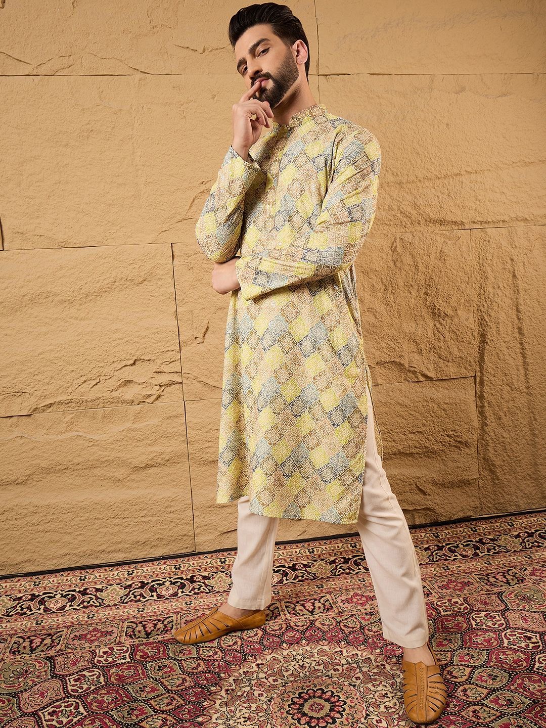 Ethnic Bay Men Yellow Viscose Rayon Bandhani Embroidered Straight Kurta With Pant Set-MKSET1192