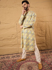 Ethnic Bay Men Yellow Viscose Rayon Bandhani Embroidered Straight Kurta With Pant Set-MKSET1192