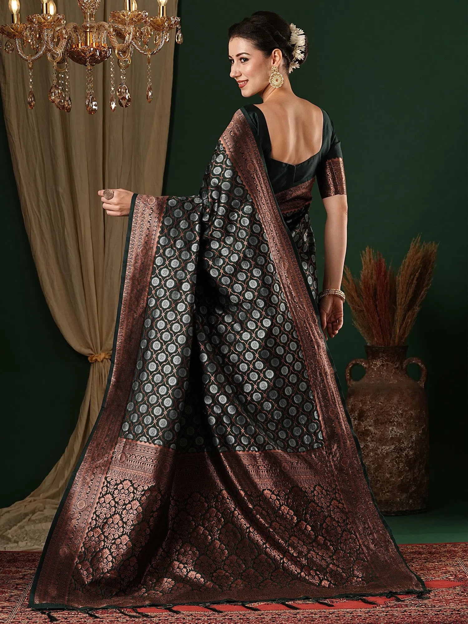 Green Woven Polyester Saree | Indian Sari & Blouse