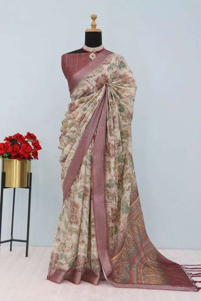 Linen Digital Print Brown Saree With Unstiched Blouse Piece