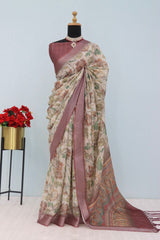Linen Digital Print Brown Saree With Unstiched Blouse Piece-MPHL-67-BROWN