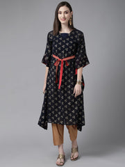 Navy Blue Georgette Gold Printed Kaftan Kurta-AHKFGRFP-6025